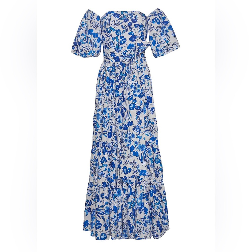 Cara Cara Wethersfield tiered cotton poplin maxi w/ sash (floral blue, size 2)